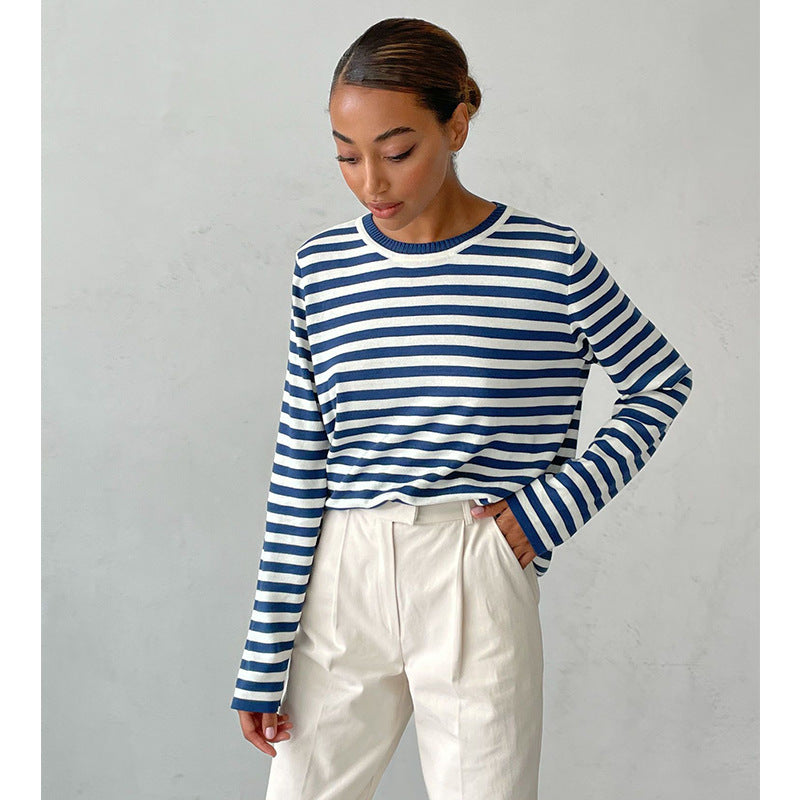 Damen lässiger Strickpullover mit gestreiftem Muster und weitem Schnitt Drune