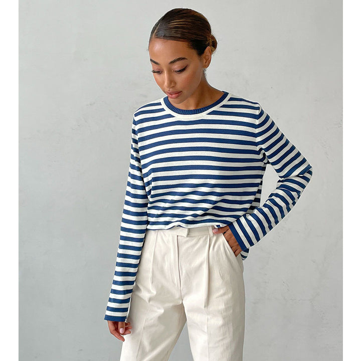 Damen lässiger Strickpullover mit gestreiftem Muster und weitem Schnitt Drune
