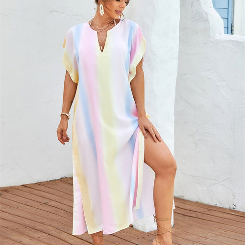Damen lässiges Strandkleid mit V-Ausschnitt und luftigen Ärmeln Drune