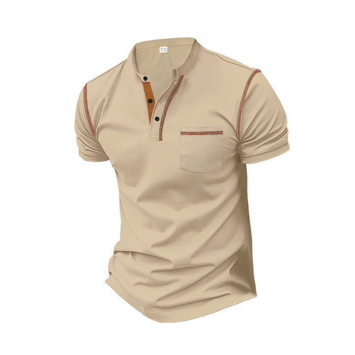 Herren nan Kurzarm-Polo im Henleystil mit Stehkragen, Brusttasche und Kontrastnaht Drune