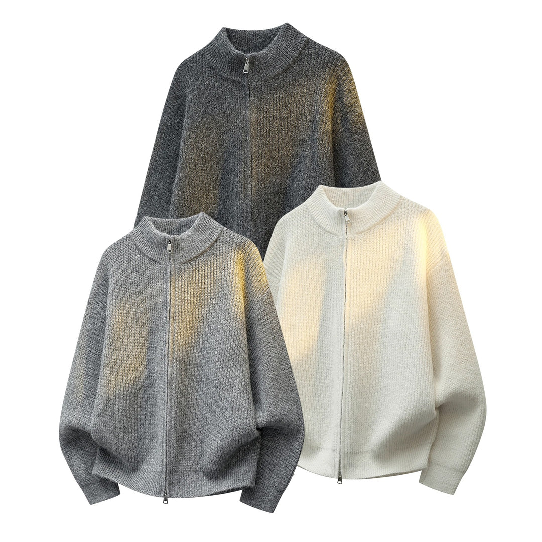 Unisex Oversize Strukturstrick-Halbzip-Cardigan mit Stehkragen & Zwei-Wege-Reißverschluss Drune
