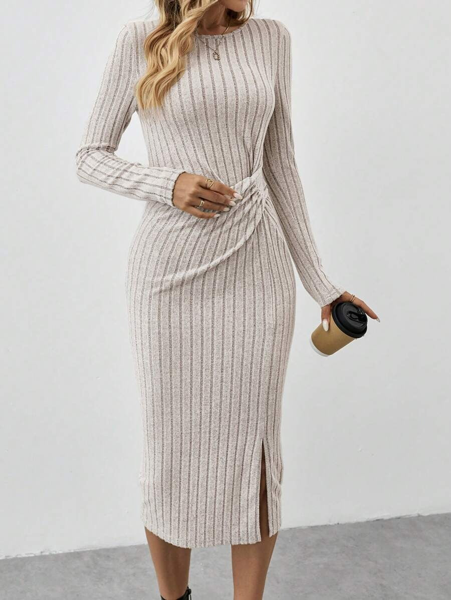 Damen Gerippetes Midikleid aus Feinstrick mit gedrehtem Taillendetail Drune