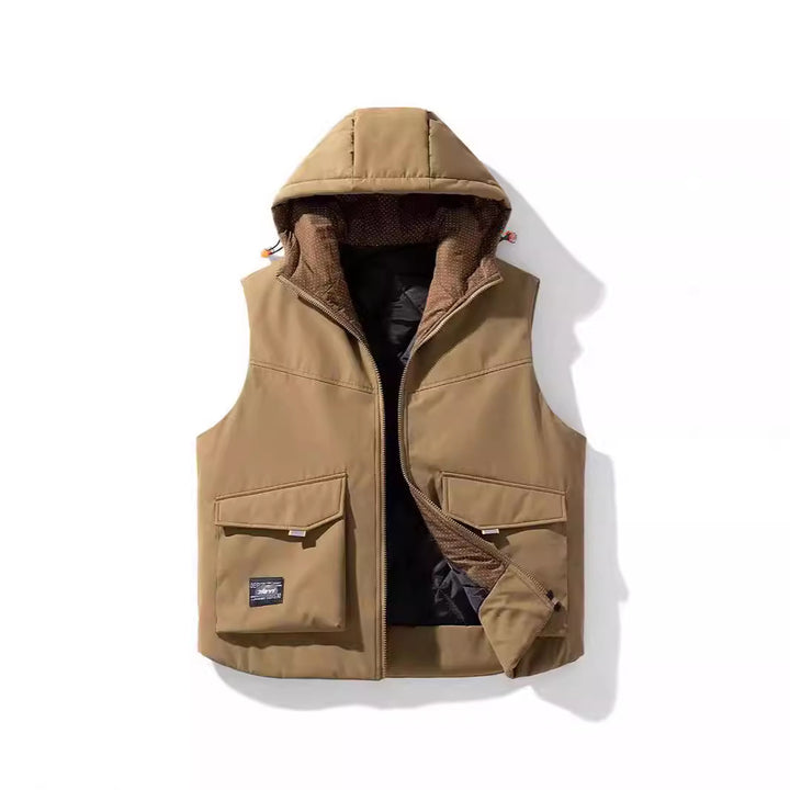 Herren Gefütterte Kapuzen-Utility‑Weste mit Multifunktions‑Taschen und winddichter Außenlage Drune