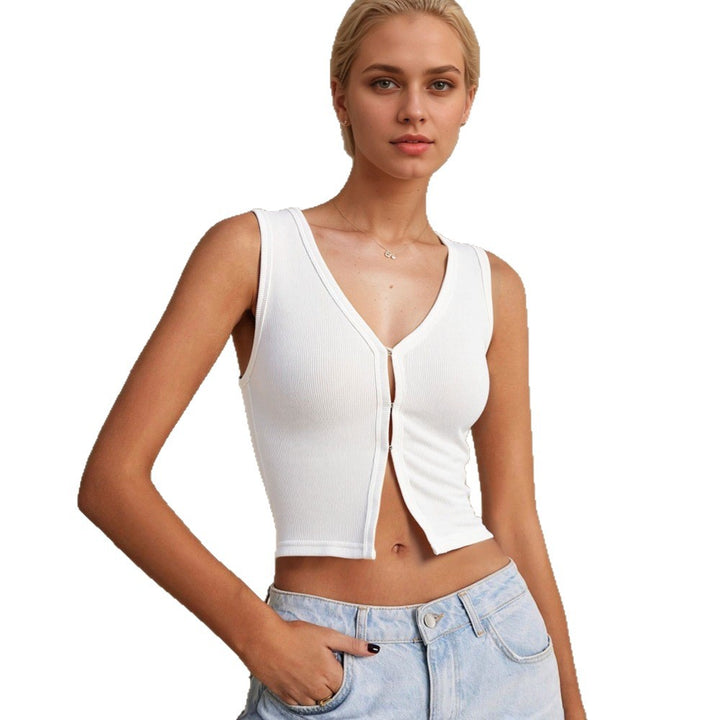 Damen cropped Oberteil mit tiefem V-Ausschnitt und dekorativem Knopfdesign Drune