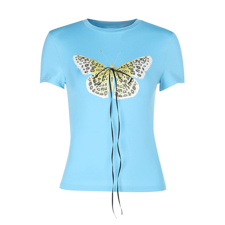 Damen Basic T-Shirt mit lebendigem Schmetterlingsdruck und verstellbarem Kordelzug Drune