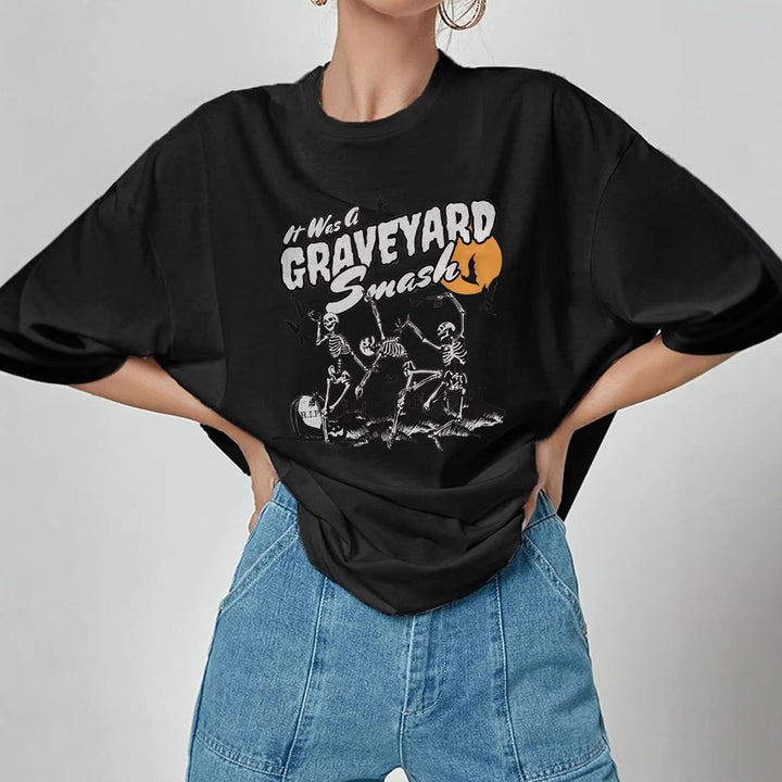 Damen T-Shirt mit künstlerischem Skelettmotiv und einzigartigem Druck Drune