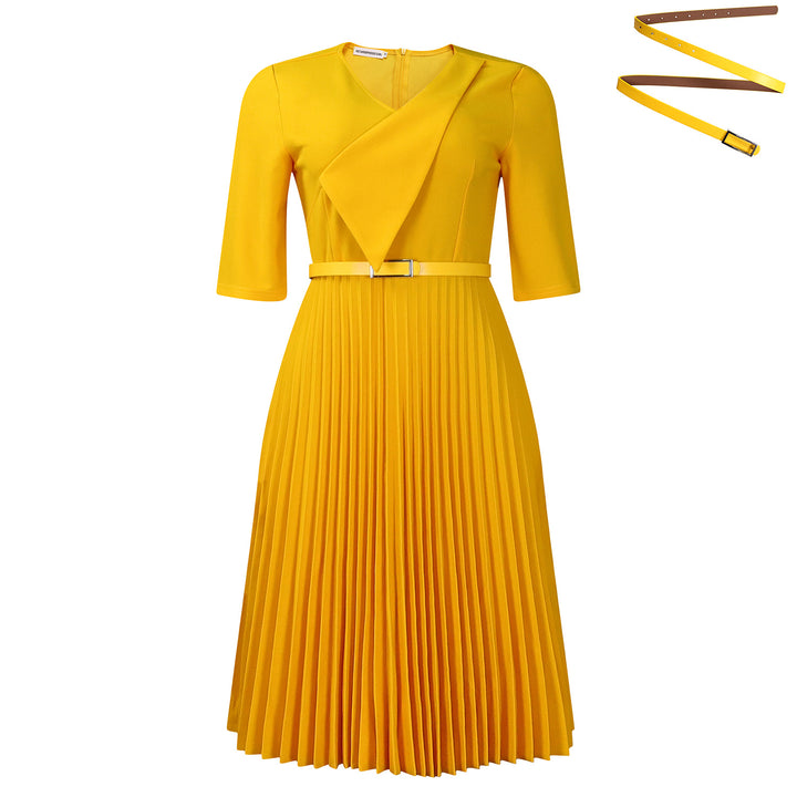 Damen Plissee Kleid mit elegantem V-Ausschnitt und abnehmbarem Taillengürtel Drune
