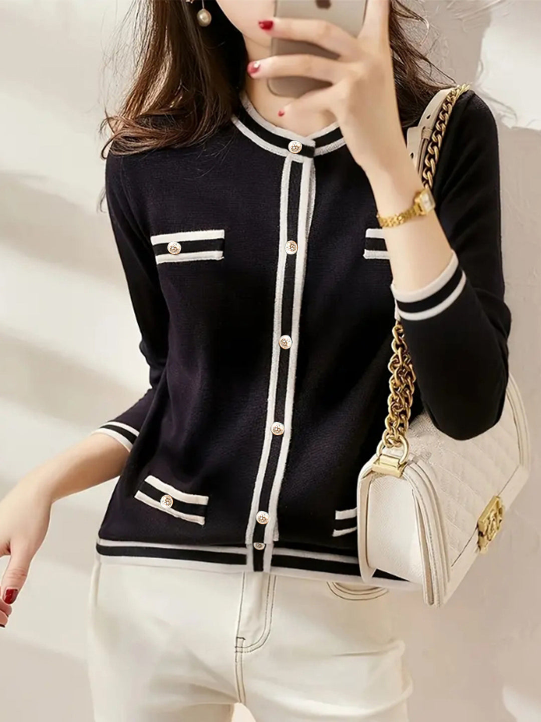 Damen eleganter und bequemer Strickjacke mit Kontraststreifen Drune