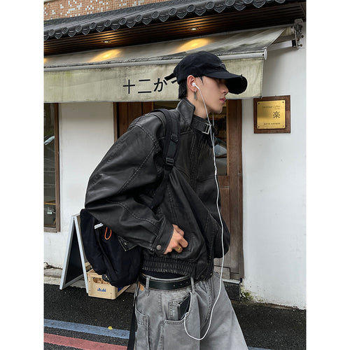 Herren Kurzer Oversized Lederimitat-Blouson mit Stehkragen, Reißverschluss und elastischem Saum Drune