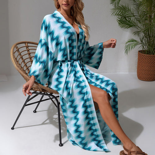 Damen Langer Strandkaftan mit V-Ausschnitt, Taillen-Bindegürtel & hohem Beinschlitz Drune