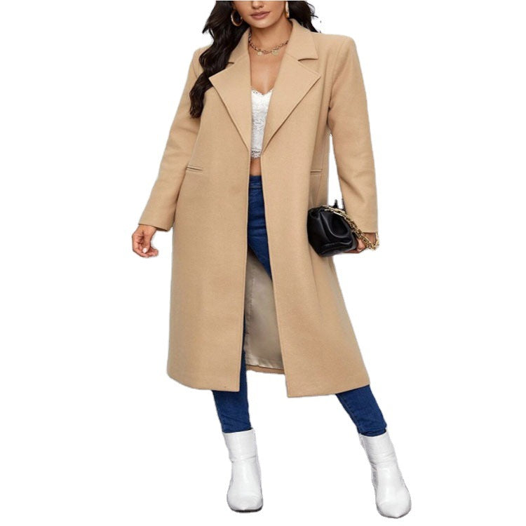 Damen Maxilanger Einreihiger Mantel im minimalistischen Tailoring mit verdeckter Knopfleiste und Eingrifftaschen Drune