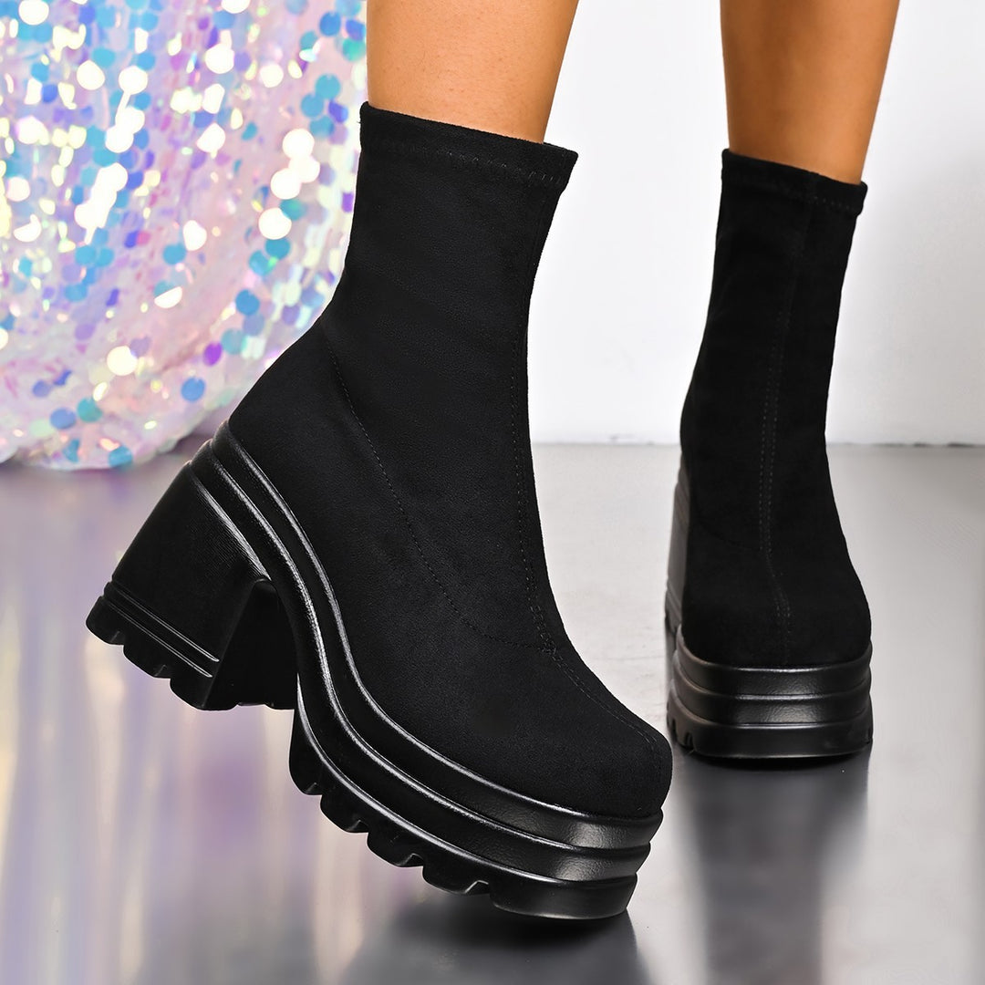 Damen Plateau Stiefeletten mit robuster Gummisohle und elastischem Schaft Drune