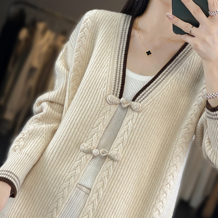 Damen Strickcardigan mit Zopfmuster und dekorativen Knotenverschlüssen Drune