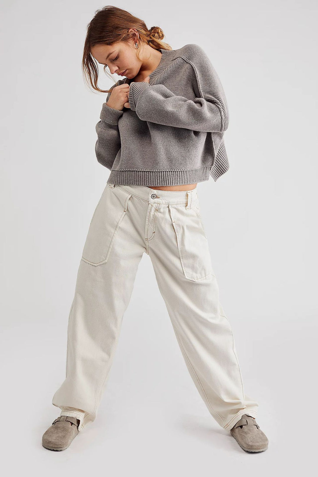 Damen nan weite High-Waist Baggy-Jeans mit tiefem Schritt, Five-Pocket Design und extra-langen Beinen Drune