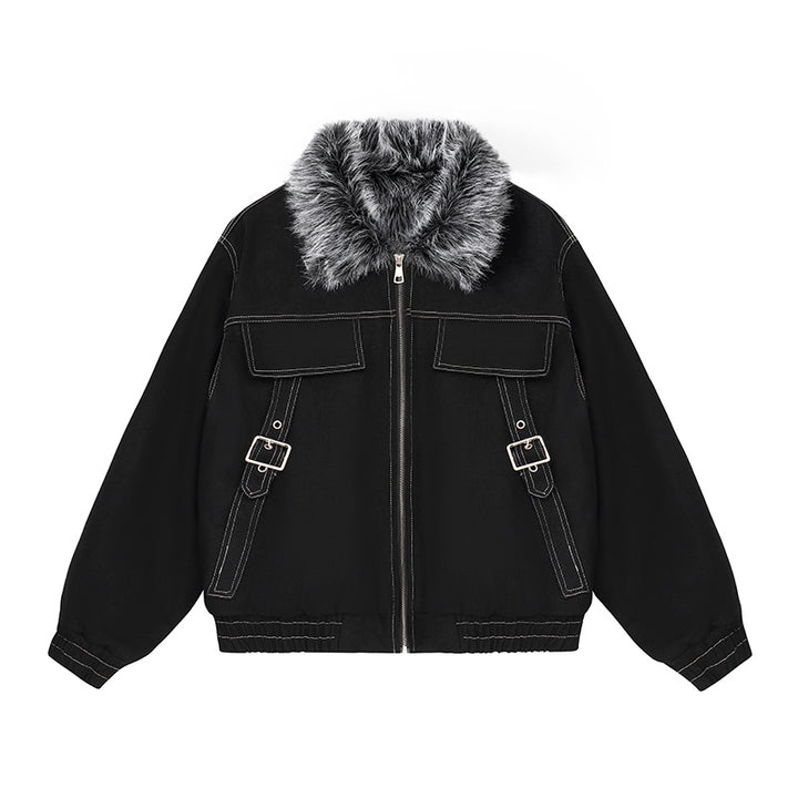 Damen wattierte Bomberjacke mit Kunstfellkragen, Kontrastnähten und Schnallen-Details Drune
