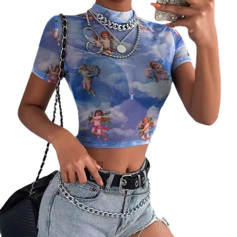 Damen Hochgeschlossenes Crop-Top mit romantischem Engelmotiven Drune