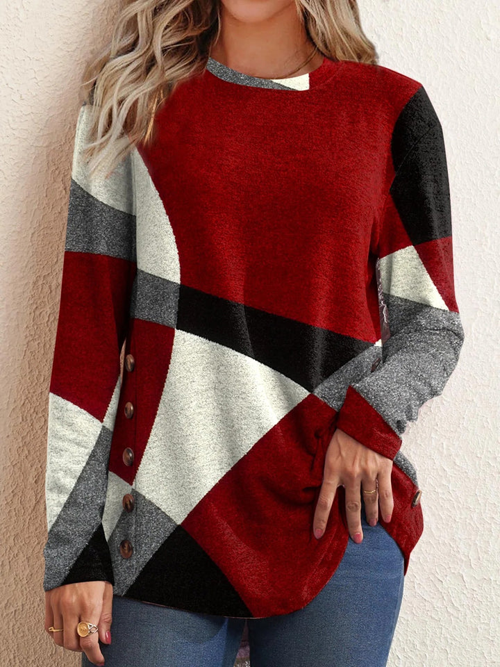 Damen Oversize Langarm Tunika mit geometrischem Farbschema