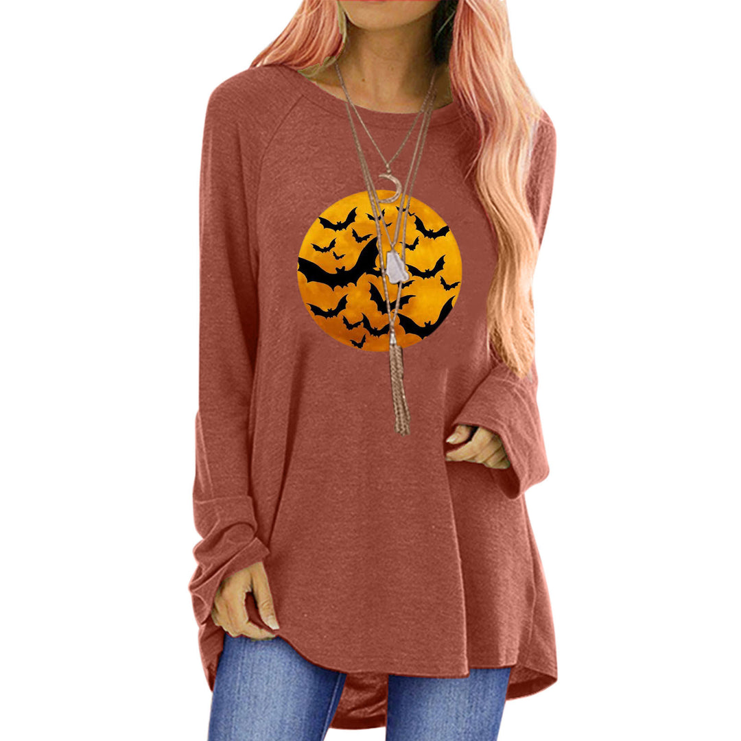 Damen Rundhalsshirt mit künstlerischem Halloween-Motiv und bequemer Passform Drune