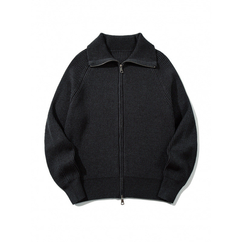 Unisex Grobgerippte Zip-Strickjacke mit Stehkragen, Raglanärmeln und Zwei-Wege-Reißverschluss Drune