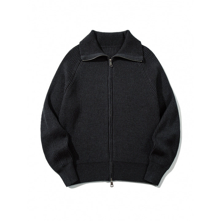 Unisex Grobgerippte Zip-Strickjacke mit Stehkragen, Raglanärmeln und Zwei-Wege-Reißverschluss Drune