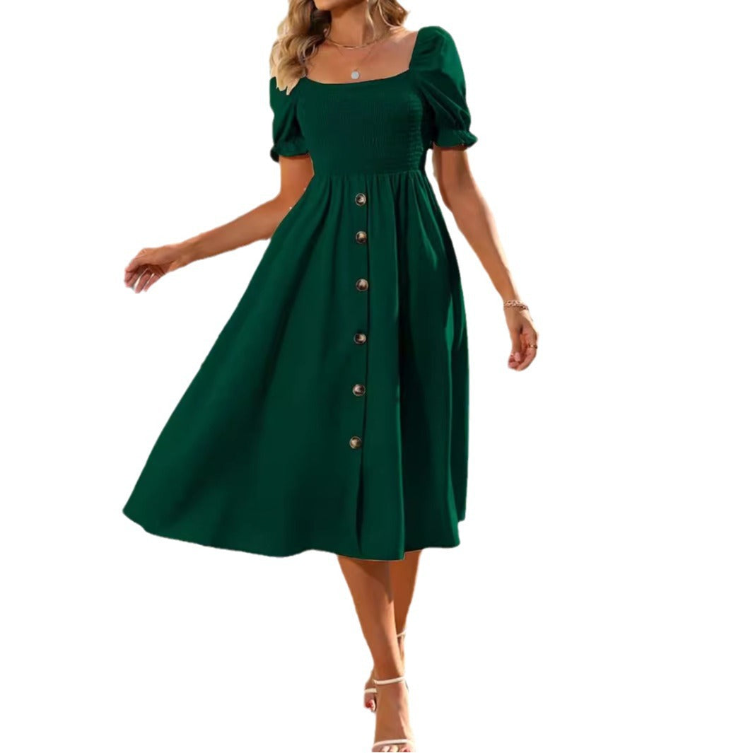 Damen Midi-Kleid mit Puffärmeln und Knopfleiste Drune
