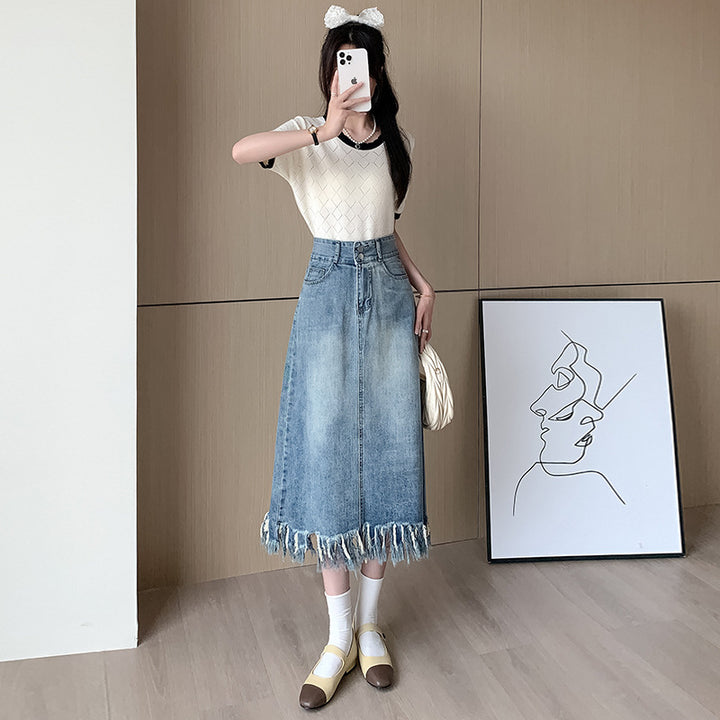 Damen Denim-Midi-Rock mit fransigem Saum Drune