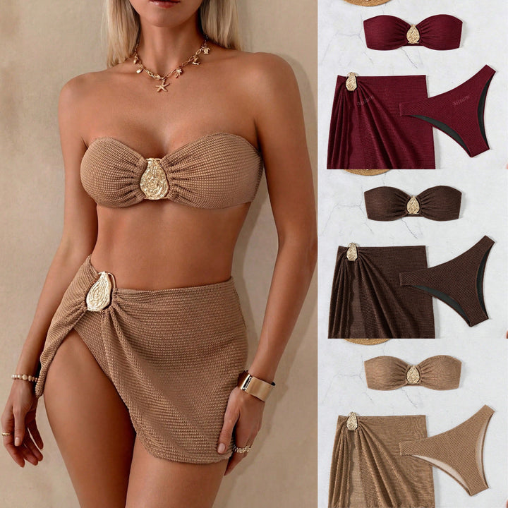 Damen Bandeau-Bikini-Set mit dekorativem Wickelrock Drune