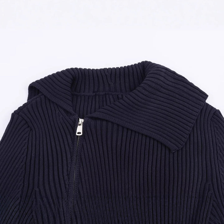 Damen modische Strickjacke mit breitem Kragen und asymmetrischem Reißverschluss Drune