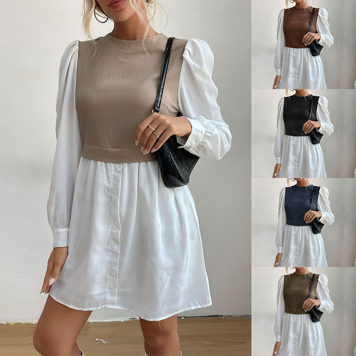 Damen Hemdblusenkleid mit eingesetzter kurzgeschnittener Weste, Puffärmeln und taillierter Silhouette Drune
