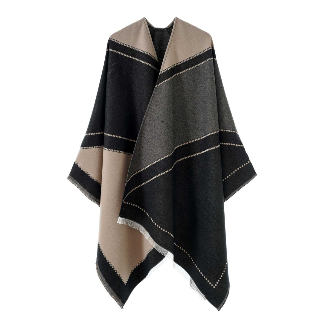 Damen Großer Wollmix Fransenponcho mit diagonalen Kontraststreifen Drune