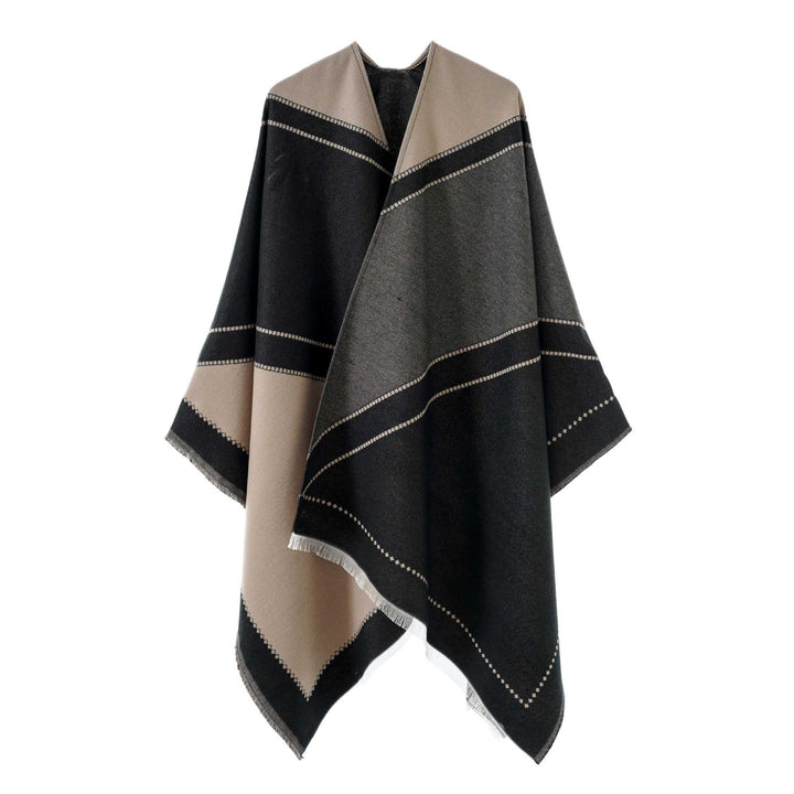 Damen Großer Wollmix Fransenponcho mit diagonalen Kontraststreifen Drune