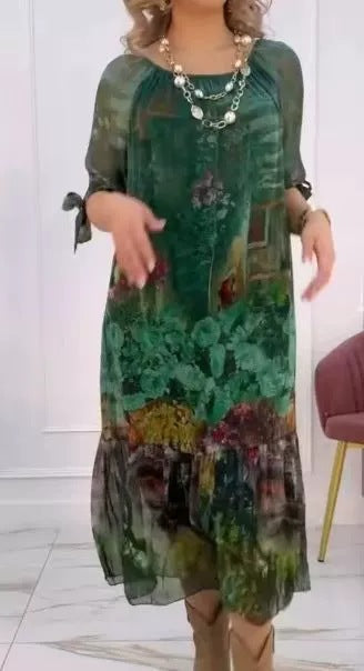Damen Elegantes Chiffon Maxikleid mit floralen Akzenten, gestuftem Rock und 3/4-Ärmeln Drune