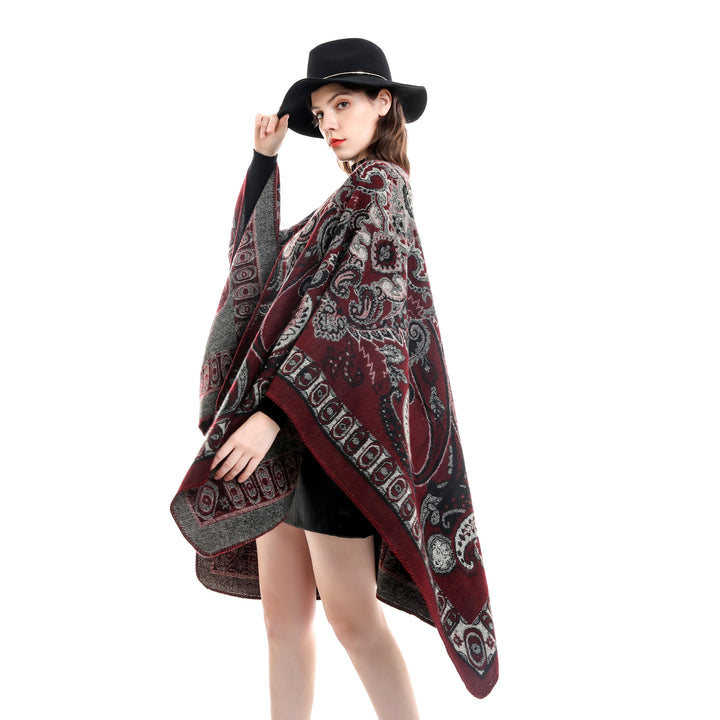 Damen Jacquard-gewebte Oversize-Ruana mit Ornamentik und offenem Kimono-Fall Drune