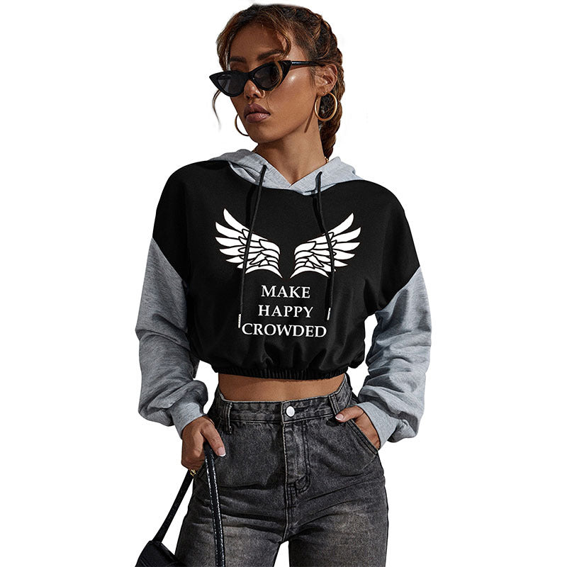 Damen Cropped Hoodie mit Kontrastärmeln, elastischem Saum und schmelzendem Smiley-Print Drune