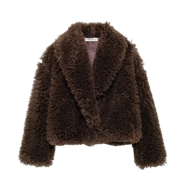 Damen nan kurze kuschelige Kunstfell-Cropped-Jacke mit großzügigem Schalkragen und offener Front Drune