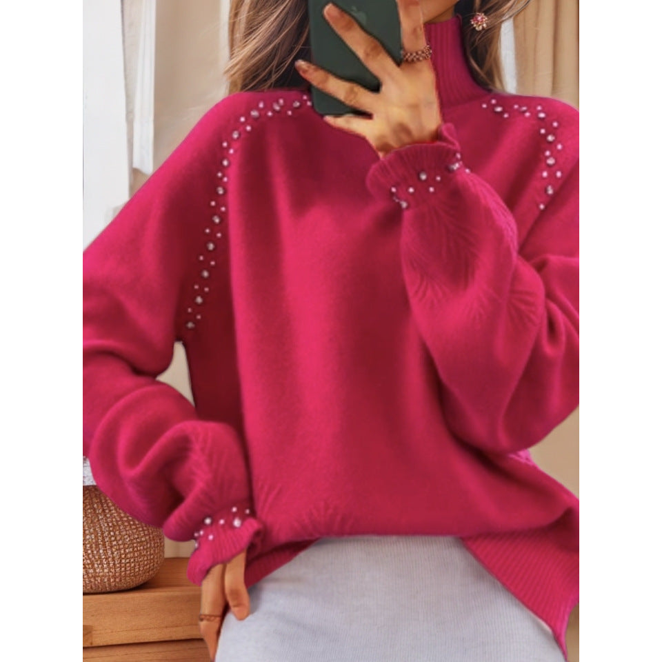 Damen nan Oversize Strickpullover mit Stehkragen und Perlendetails Drune