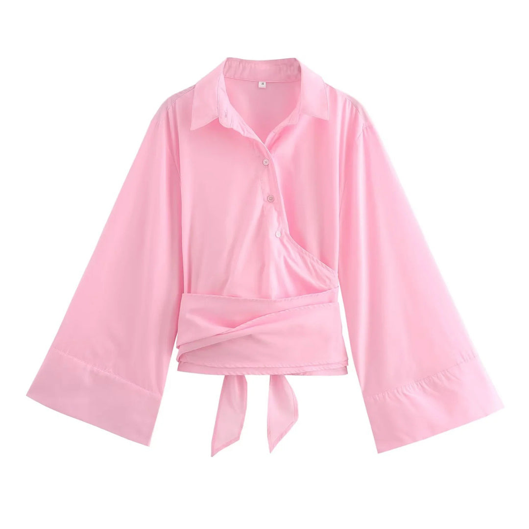 Damen 200+ elegante Wickelbluse mit weiten Kimonoärmeln und Taillenschleife Drune