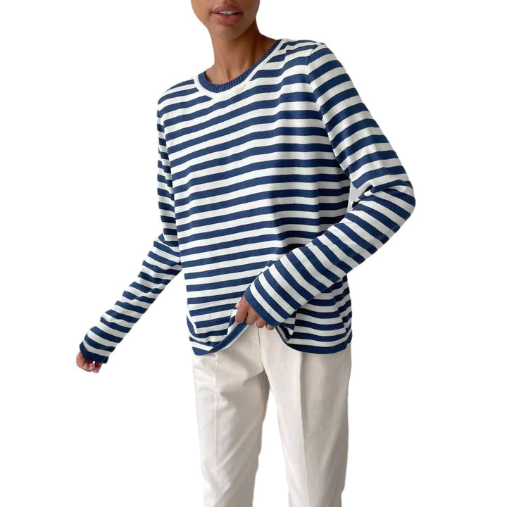 Damen nan gestreifter Baumwollpullover mit Rundhals und legerer Passform Drune