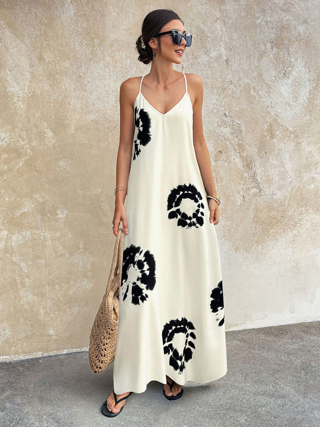 Damen Fließendes Maxikleid mit Spaghettiträgern, V-Ausschnitt und sommerlicher Leinenoptik Drune
