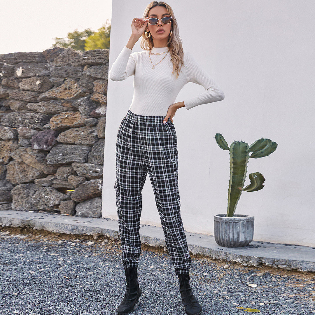 Damen lässige Karohose mit elastischem Bund und praktischen Seitentaschen Drune