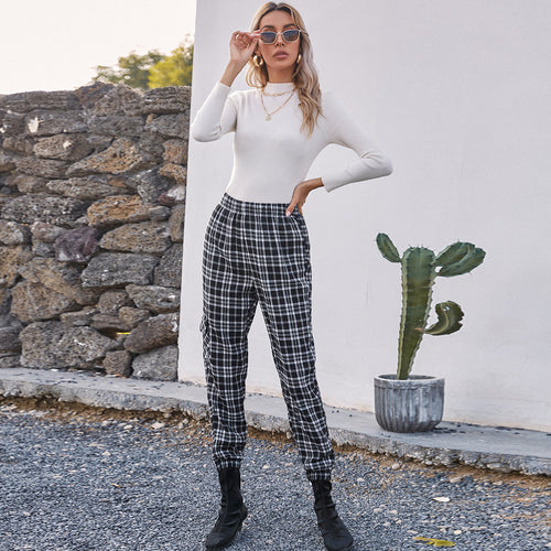 Damen lässige Karohose mit elastischem Bund und praktischen Seitentaschen Drune