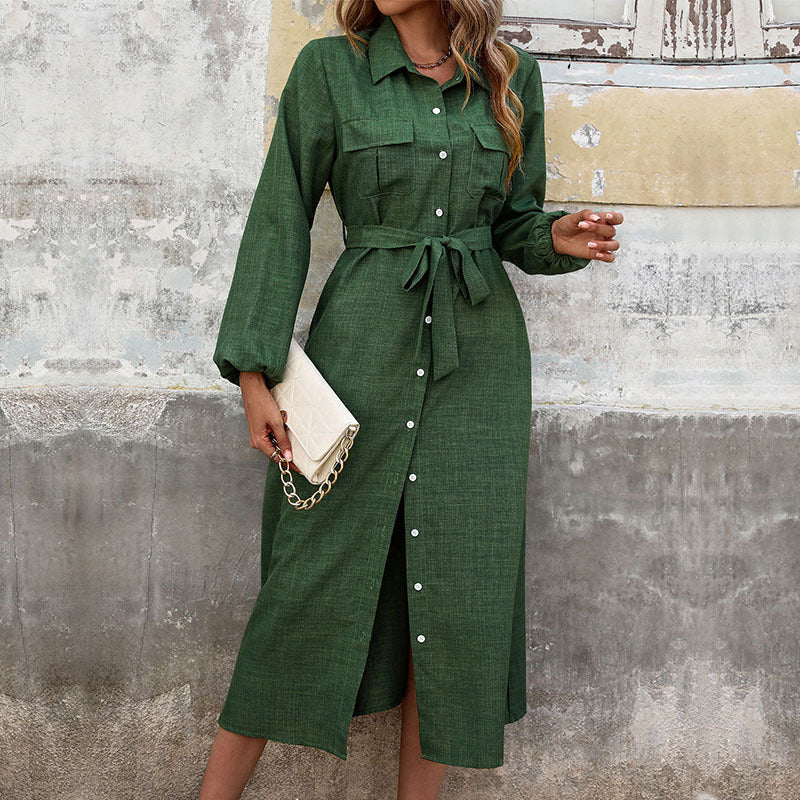 Damen Hemdkleid mit Bindegürtel und aufgesetzten Taschen Drune