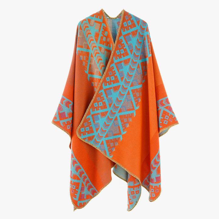 Damen Capeponcho im gewebten Ethno‑Jacquard aus Wollmix mit gezackter Saumkante Drune