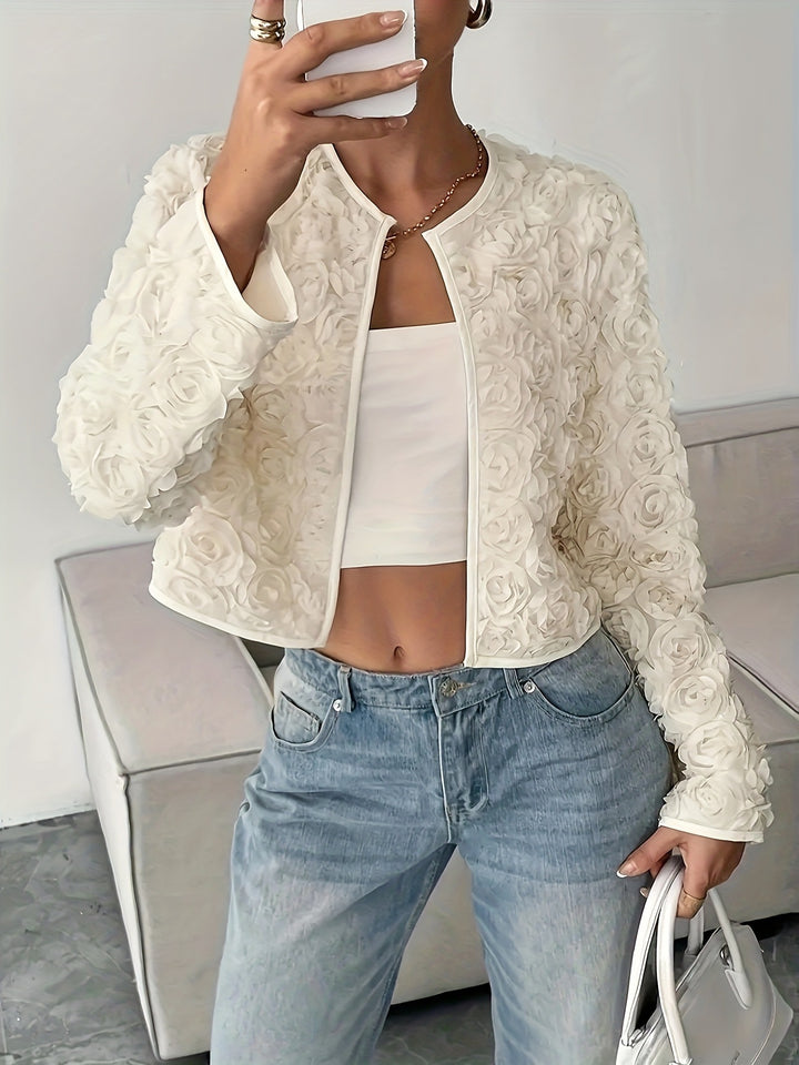Damen kurz geschnittene Blütenjacke mit floralem Design und sanften Texturen Drune