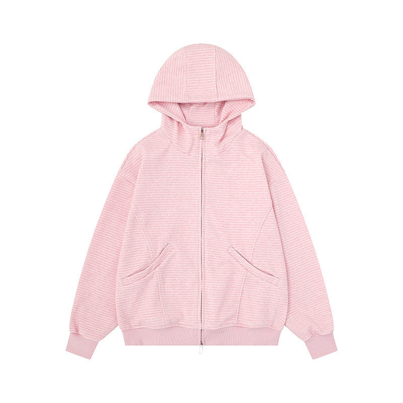 Unisex Gestreifte Kapuzen-Sweatjacke mit Reißverschluss und Kängurutaschen Drune