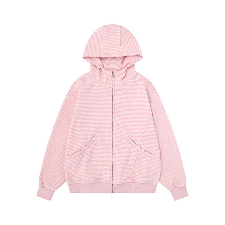 Unisex Gestreifte Kapuzen-Sweatjacke mit Reißverschluss und Kängurutaschen Drune