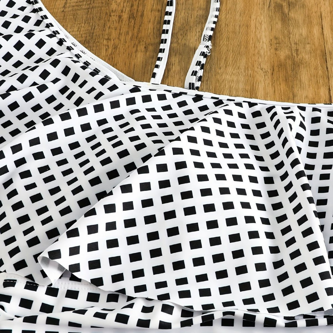 Damen Badeanzug-Set mit Rüschendetails und elegantem Karomuster Drune