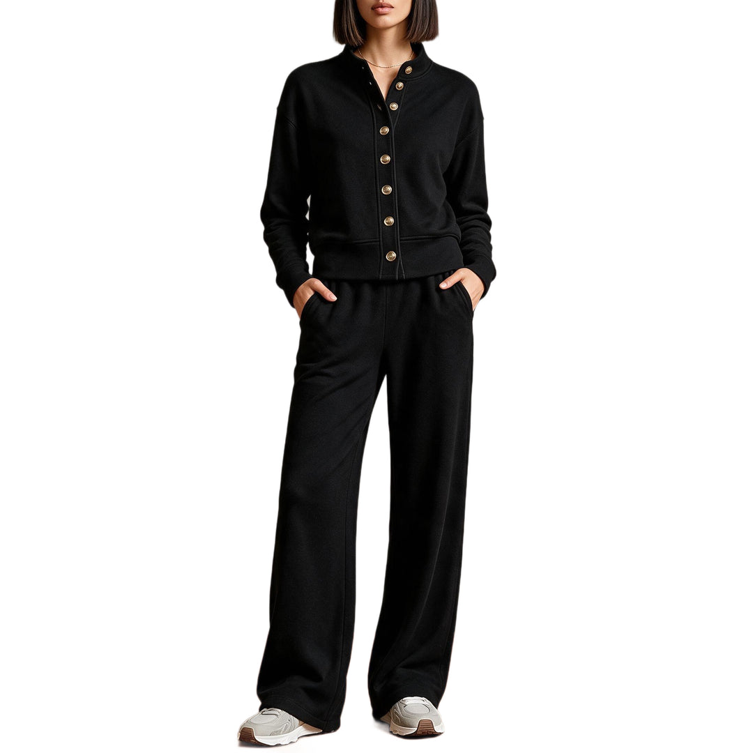 Damen Sweatjacke mit Druckknopfleiste, Stehkragen und weichem Lounge-Schnitt Drune