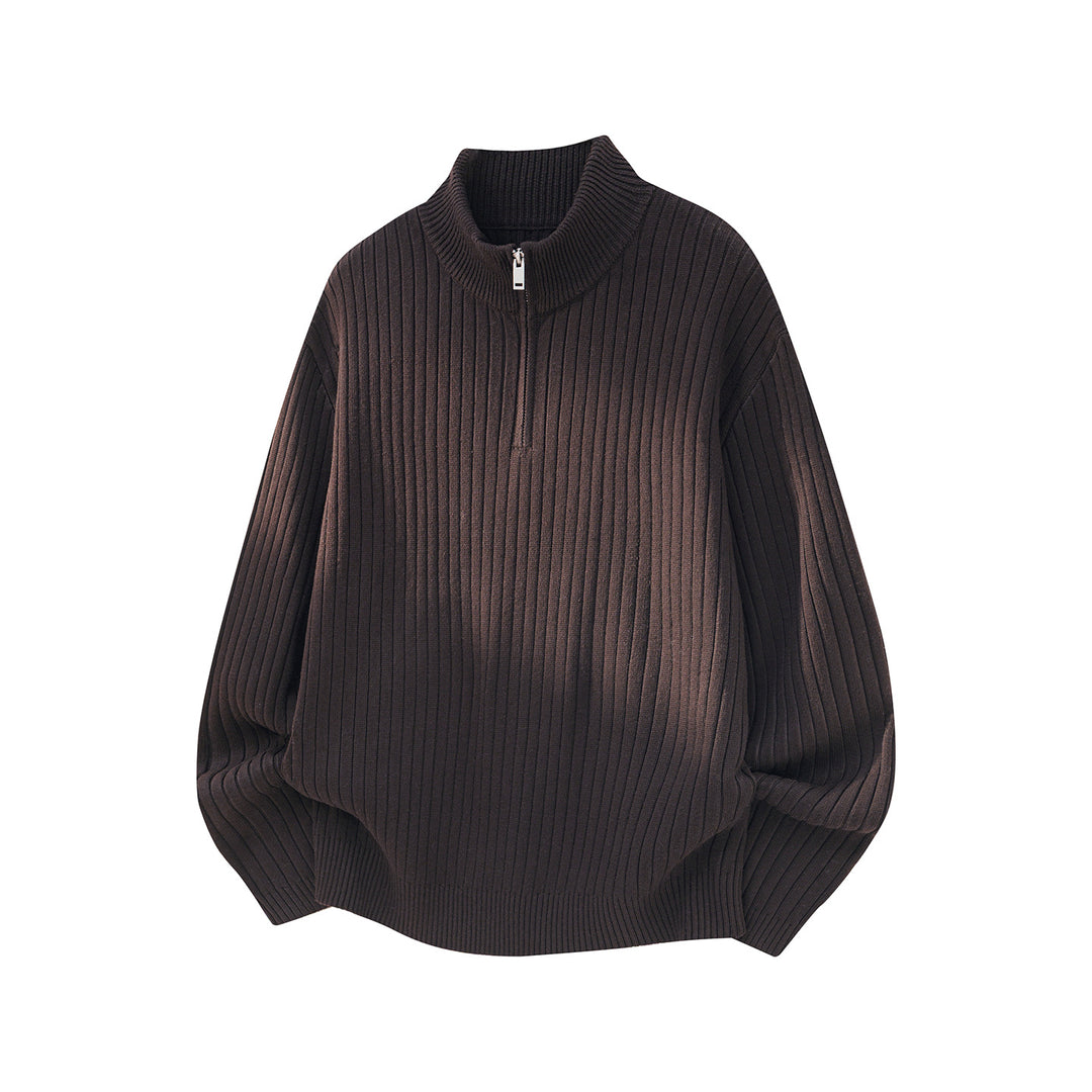 Unisex Weit geschnittener Rippenstrick-Pullover mit halbem Reißverschluss und Stehkragen Drune