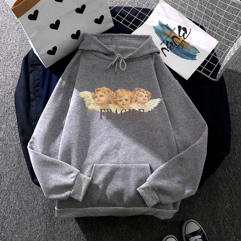 Damen nan leichter Oversize Kapuzenpullover mit Herz‑EKG‑Motiv, langen Kordeln und elastischem Bund Drune